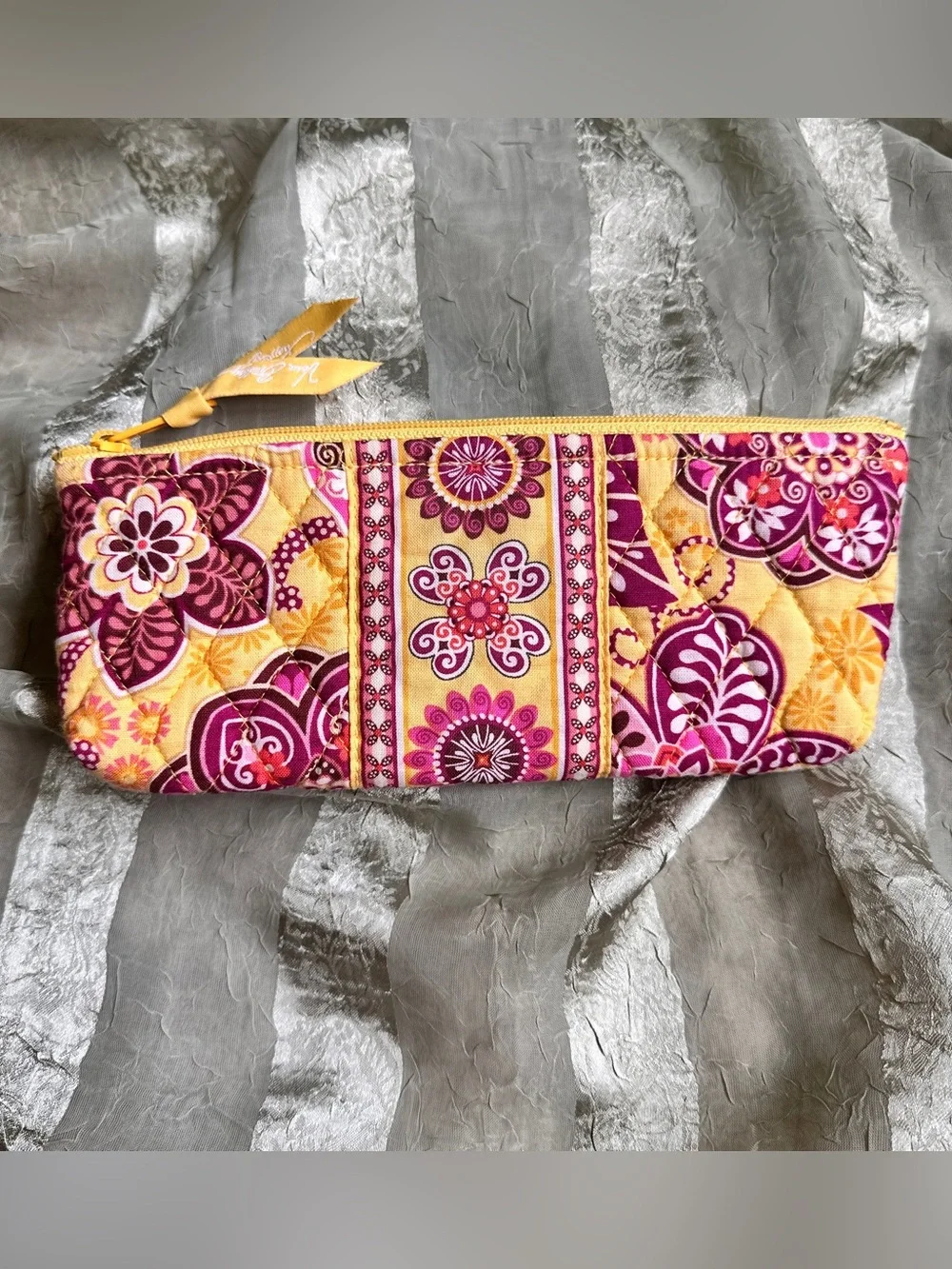 Vera Bradley Bali Gold Yellow Pink Quilted Floral Zip Cosmetic Pencil Pouch